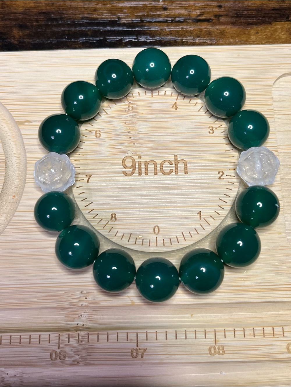 14mm Green Jade Bracelet with Clear Quartz Lotus Flowers - Picture 3 of 7